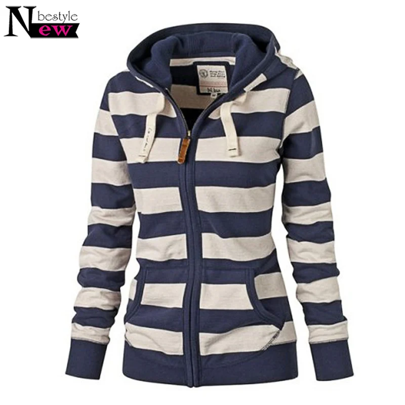 

2019 Women Hoodies Long-sleeved Striped Sweatshirts Soft Coat Zipper Fly Pocket Baseball Jacket Hooded Hoodies Clothing Vestidos