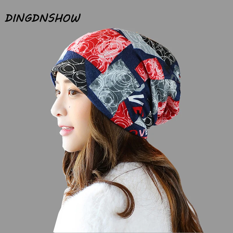 

[HEAD BEE] 2017 Beanie Knitted Hat Cotton Print Adult Ladies Skullies Winter Cap Women Balaclava