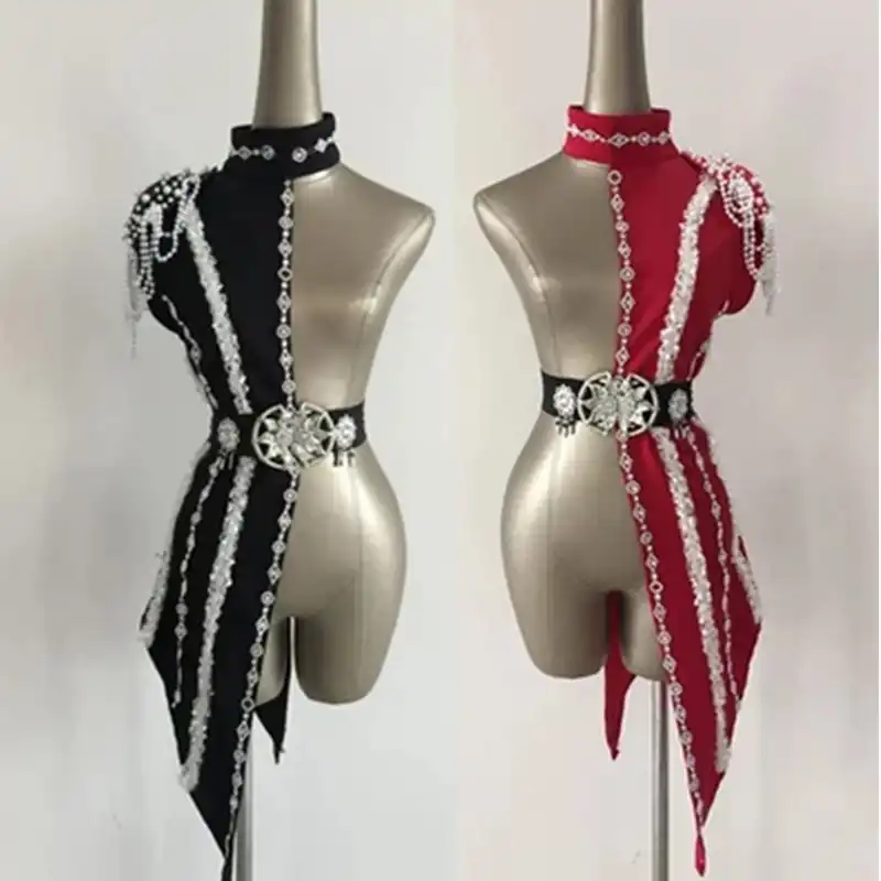 2019 новые сексуальные черные красные Лоскутные костюмы для сценического танца певицы Ds Dj костюмы с белым жемчугом и цепным воротником танцевальная одежда - изображение