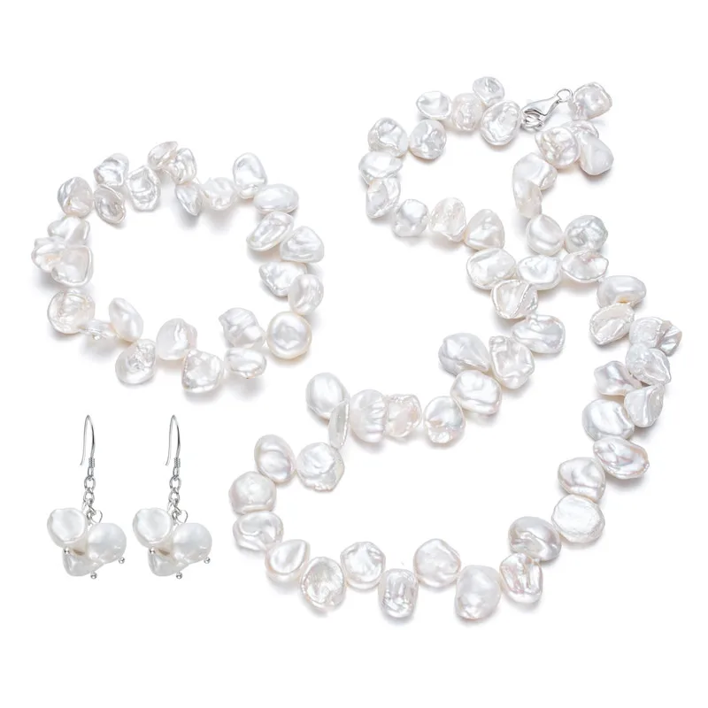 

SNH 10mm Keshi shape white bracelet necklace and earring 100% Natural Pearl Jewelry Set For Women 925 sterling Silver