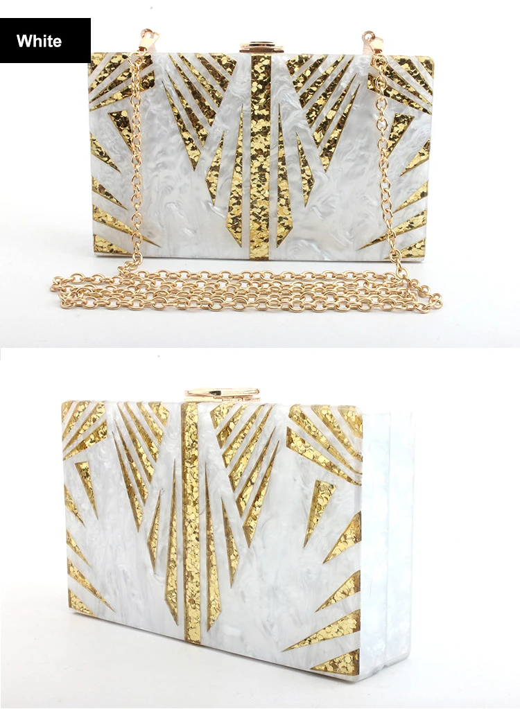 Luxy Moon – pochette en acrylique blanc à paillettes, sac à main, vue avant et latérale