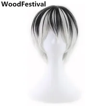 WoodFestival 10 дюймов мужской косплей короткий парик прямой человек черный смешанный серый термостойкие синтетические парики