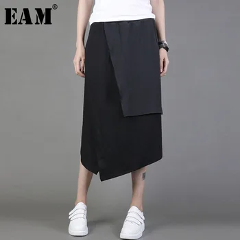 

[EAM] 2020 New Spring Summer High Elastic Waist Black Irregular Spliced Brief Split Joint Half-body Skirt Women Fashion JY047