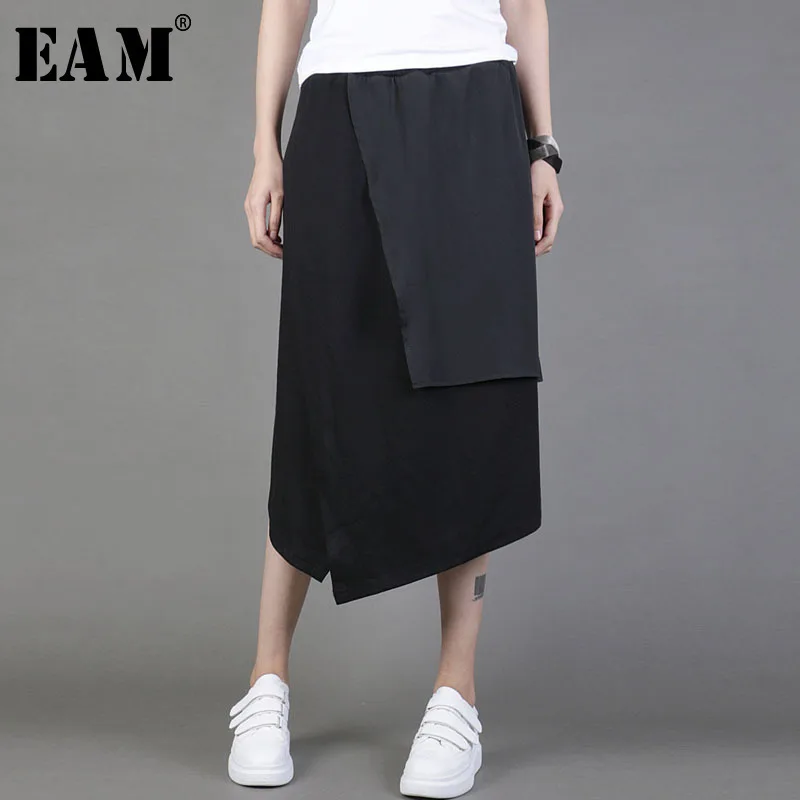 

[EAM] 2019 New Spring Summer High Elastic Waist Black Irregular Spliced Brief Split Joint Half-body Skirt Women Fashion JY047