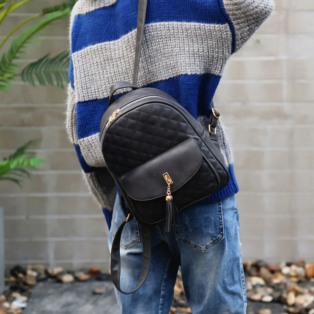 

2018 3pcs Women Lattice Plaid PU Leather Backpack Set Female Zipper Backpacks Girls Tassel Shoulder School Bags Mochila Feminina