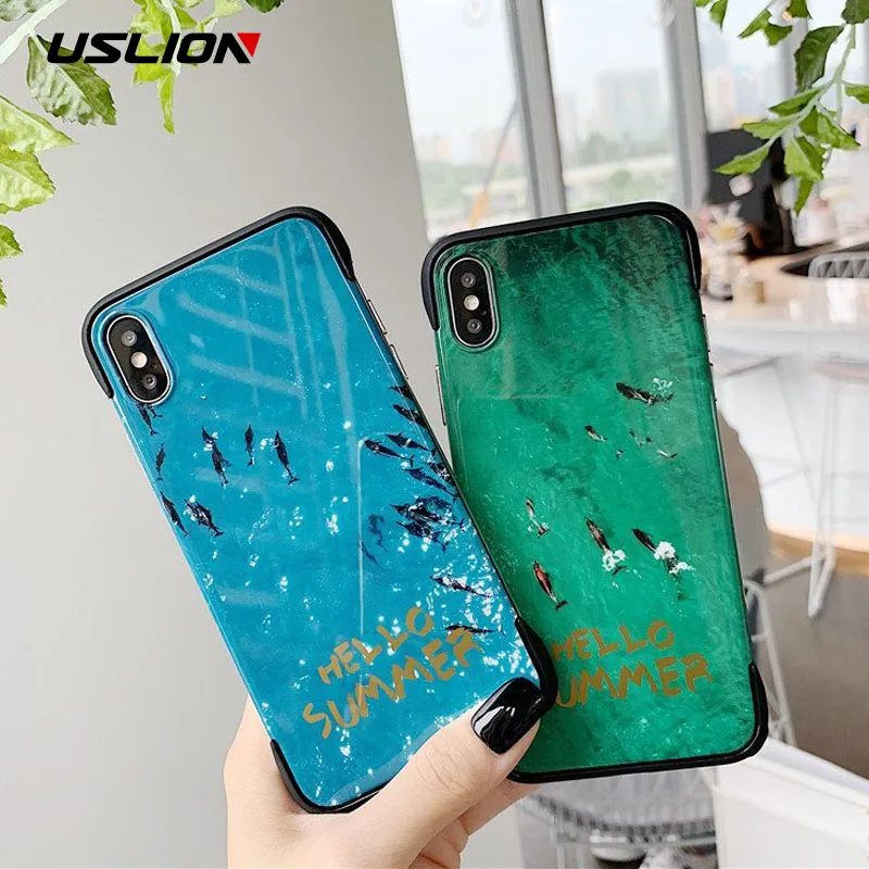 

USLION Green Blue Ocean Pattern Phone Case For iPhone 7 8 Plus X XS XR Xs Max Hard PC Back Cover For iPhone 6 6s 7 8 Plus