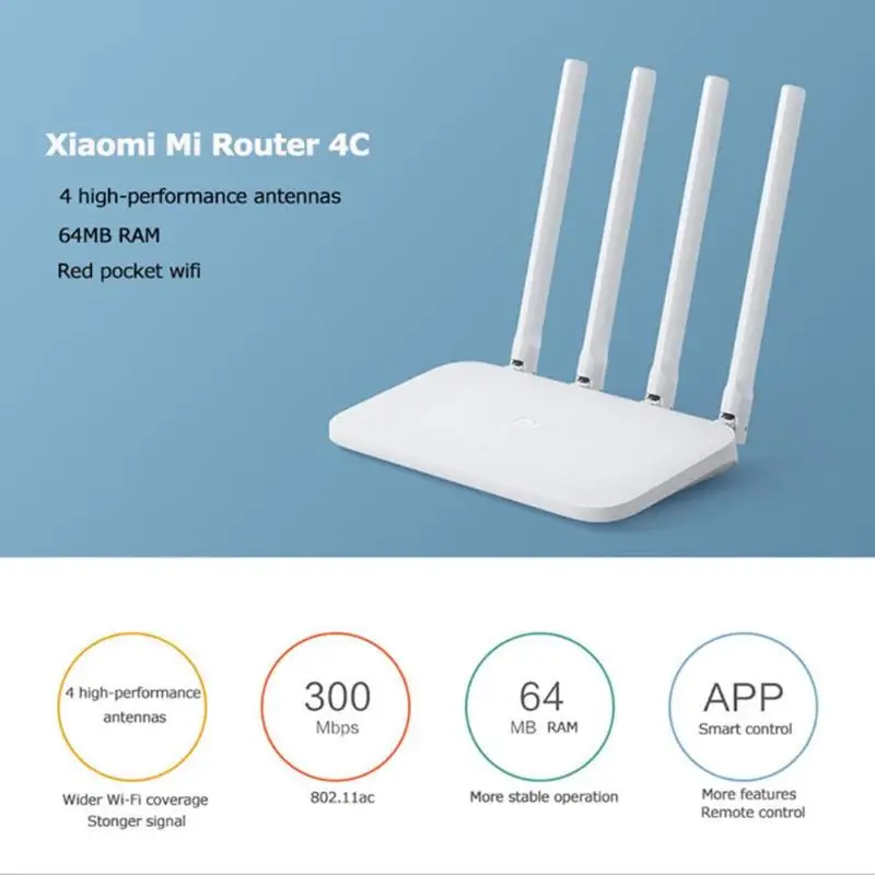 

Xiaomi Mi Router WiFi Wireless Router 2 Lan Ports 4C Chinese Version 4 Antennas 802.11n b/g/n 2.4G 300Mbps 64MB ROM APP Control