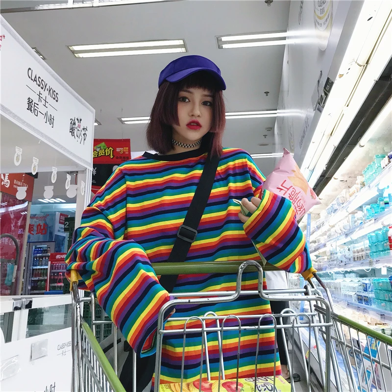 Harajuku, новинка, Женская Толстовка в радужную полоску, корейский стиль, одинаковые наряды, свободные Модные топы для женщин