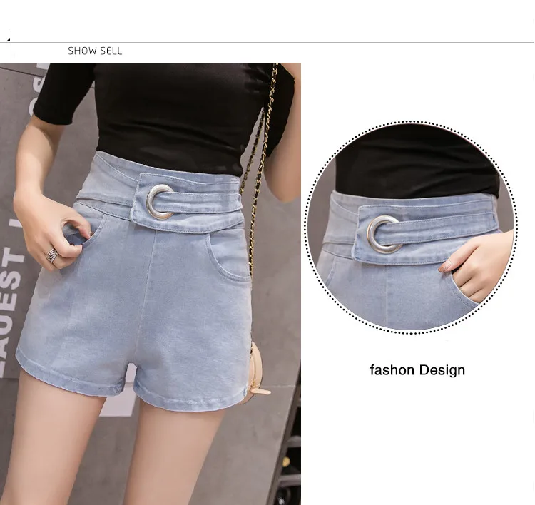 Синий эластичный высокая талия джинсовые шорты для женщин Мода 2019 Лето Дамы уличная тонкий Винтаж прямые джинсы