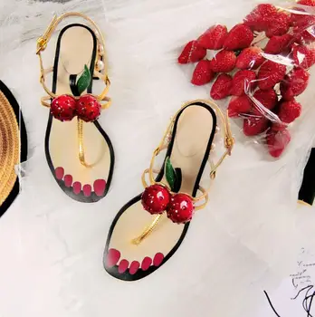 

Summer Ladies Bunion Sandals Fashion Black Pink Gold Women Narrow Cherry Stud Pearl Chunky Low Heels Shinny Flip-Flop Woman