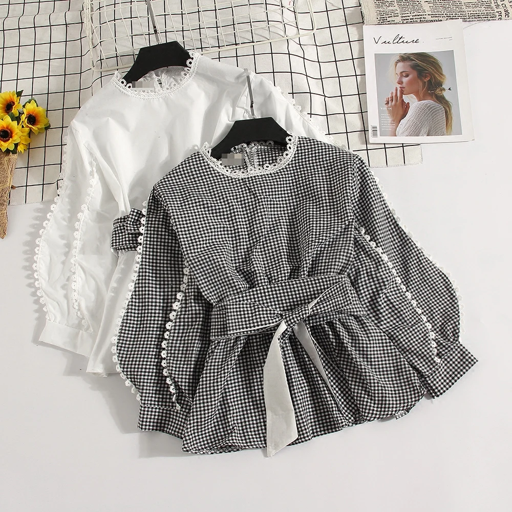 

2018 Spring 3/4 Sleeve O Neck Plaid Shirts Women Sweet Bow Knot Waist Peplum Tops Women Lantern Sleeve Peplum Shirts