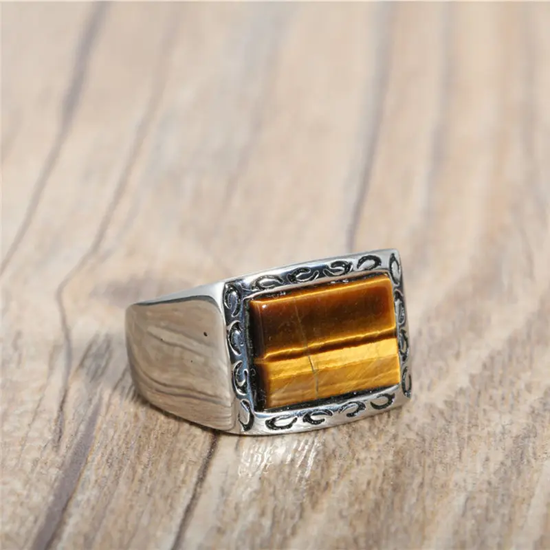 Natural Square Black Onyx Tiger Eye Stone Signet Ring Men In Stainless ...