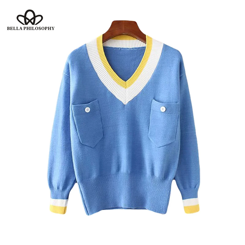 Wonder 2018 New Autumn Korean Pockets Slim Pullover Fashion Knit Jumper Deep V Neck Patchwork Cotton Sweater Women tops