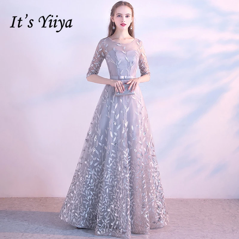 

It's Yiiya 2018 O-Neck Evening Dresses Fashion High Quality Lady Style Lace Up Floor Length Simple Formal Dress LX326