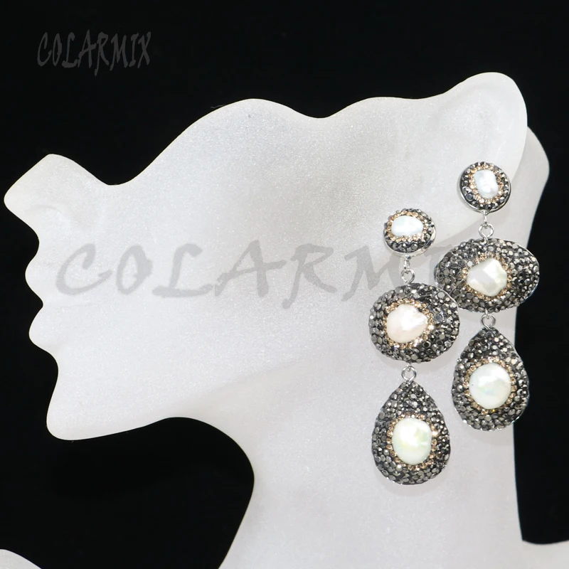 

4 Pairs long pearls earring Pave rhinestone Natural pearls earrings Jewelry earrings gift for lady 8037