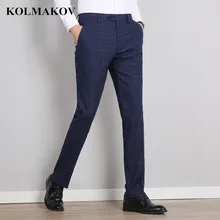 KOLMAKOV новая мужская одежда длинные Высокое качество Классический мужской костюм брюки формальный плед синий мокрый костюм брюки Slim Fit прямые брюки