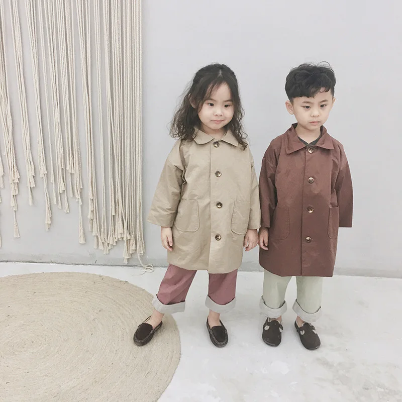 

Children Spring and Autumn Mid-long Windbreaker Boys and Girls Long Sleeve Jacket Baby Artistic Pure Color Overcoat Kids Jackets