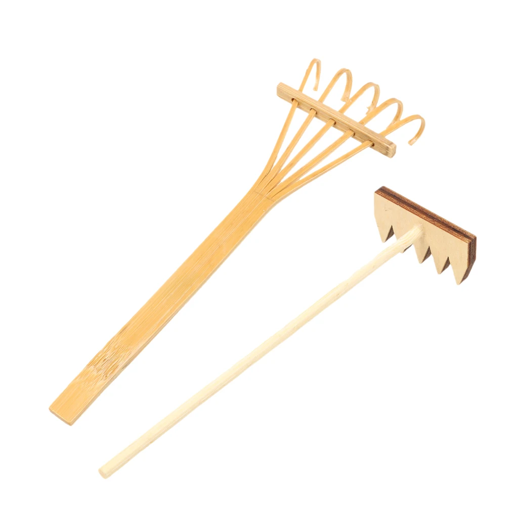 Set 2pcs Miniature Bamboo Rake for DOLLHOUSE Gardening Home Decoration