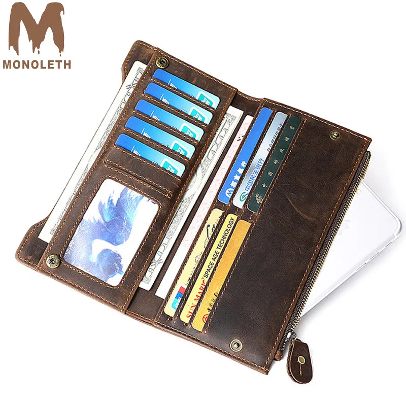 

MONOLETH Crazy Horse Leather Mens Wallet Vintage zipper Cowhide Coin Purse Genuine Leather Brand Male long wallet