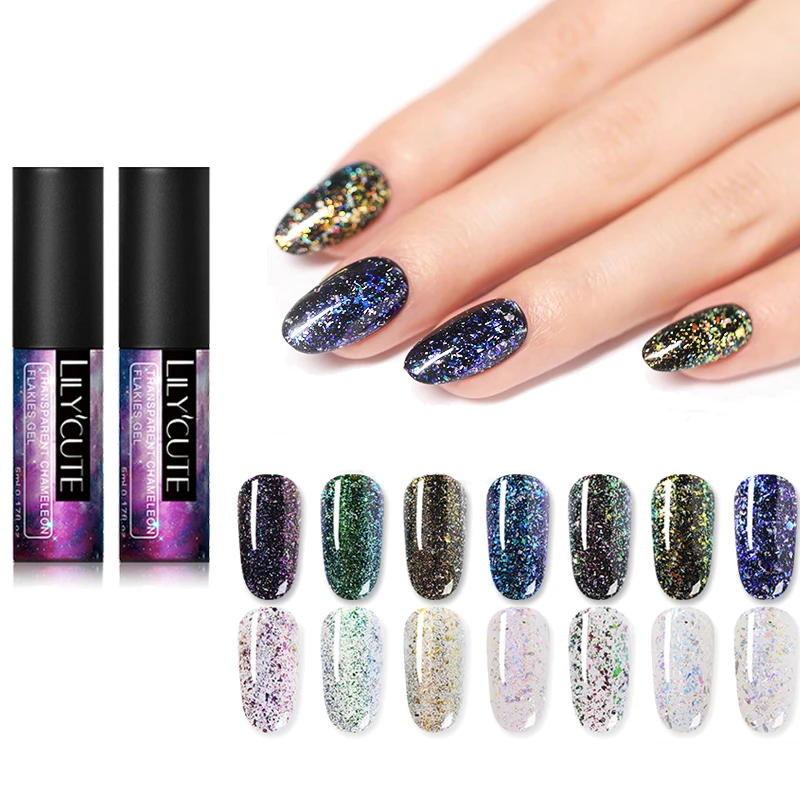 

LILYCUTE 5ml Transparent Chameleon Flakes Gel Nail Polish Glitter Sequins Long Lasting Soak Off UV Gel Varnish Nail Art Design