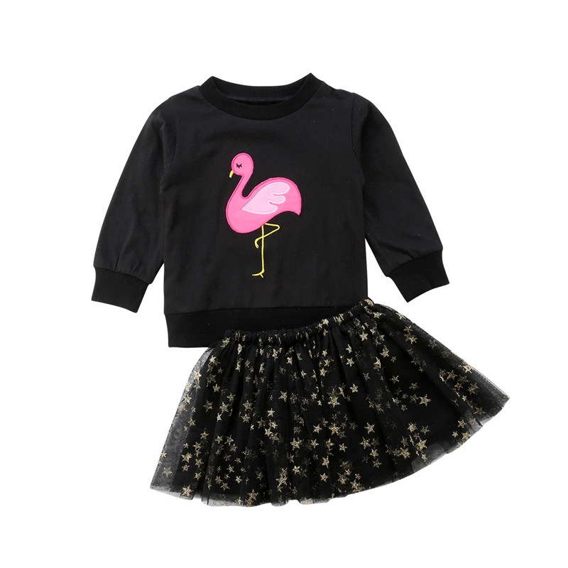 

Fashion Children Clothing Set Kids Girl Clothes Flamingos Long Sleeve T-shirts Tops Lace Mini Skirt Toddler Girls Clothing Set