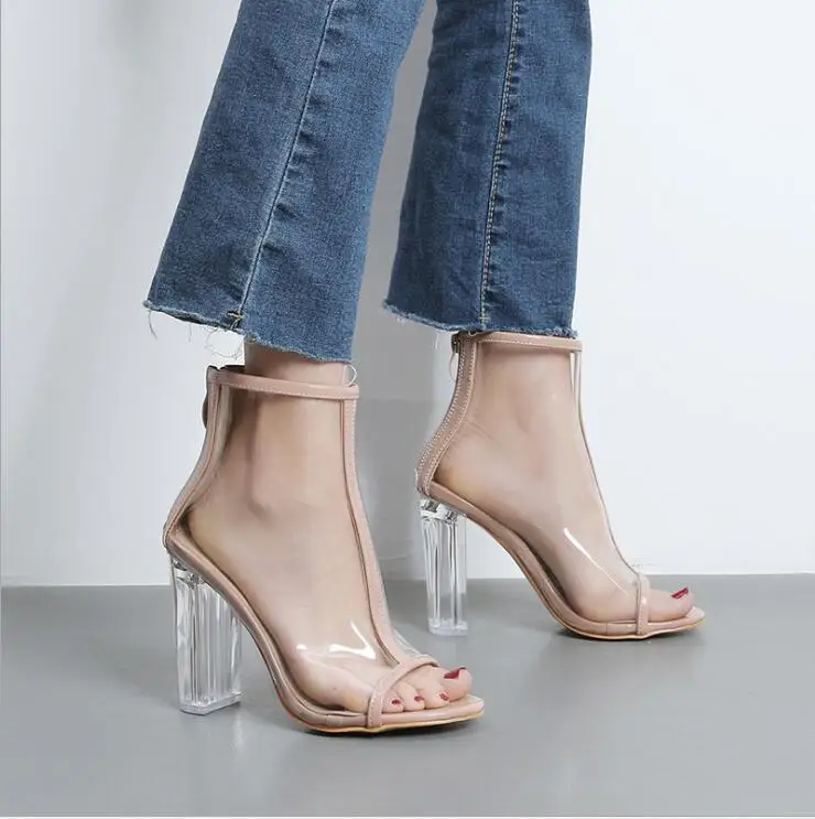 

Summer Women PVC Ankle Boots Open Peep Toe Crystal Heel Transparent Women Boots Clear High Heels Boots Woman Shoes Plus Size 42