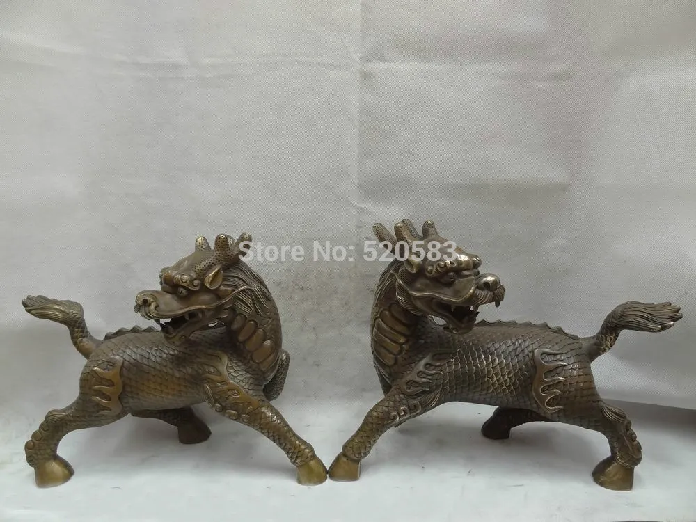 

16" Chinese Bronze Dragon Kylin Statue Buddhism Unicorn Pair