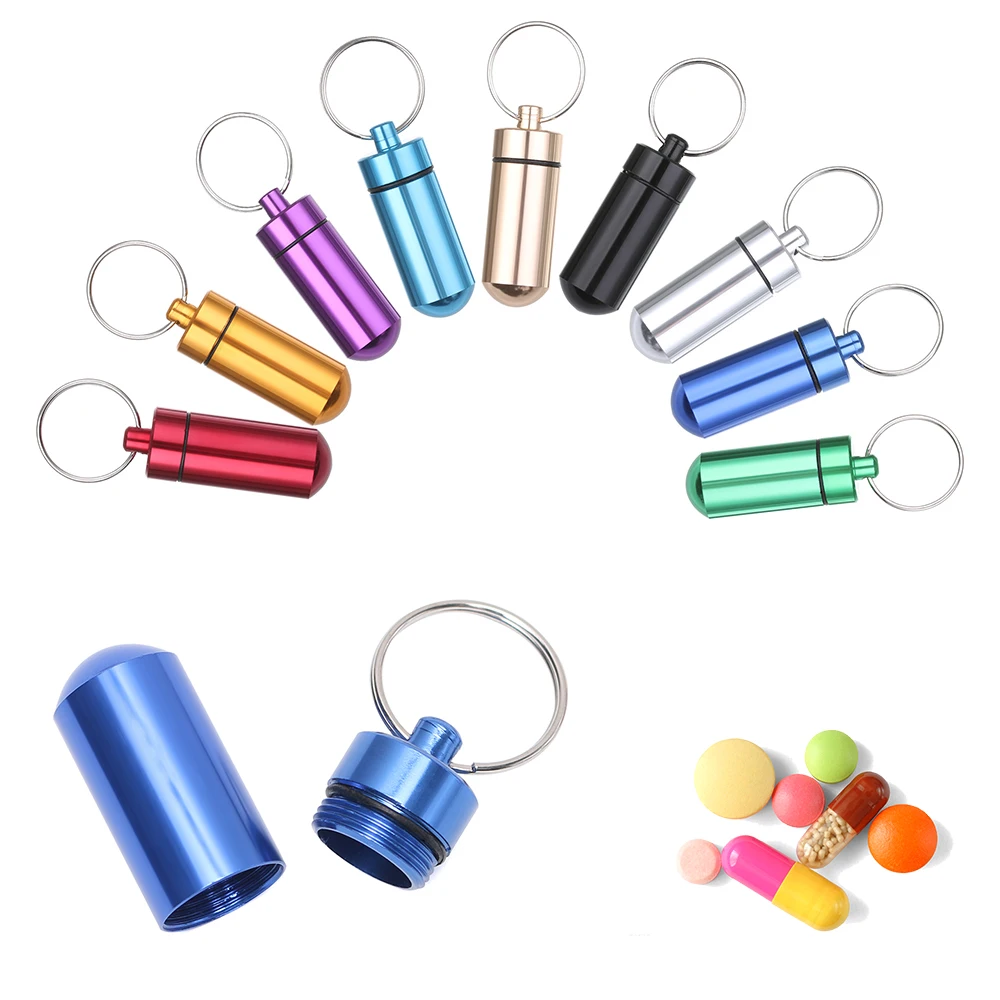 

High Quality Portable WaterProof Mini Blue Aluminum Pill Box Medicine Container Keychain Tablet Storage Box Bottle Case Holder