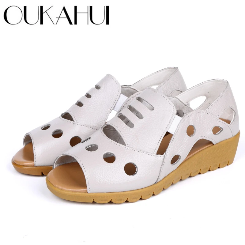 

OUKAHUI Beige Genuine Leather Gladiator Sandals Women Adult Summer Shoes Fashion Hollow Peep Toe Leather Sandals Flat Ladies