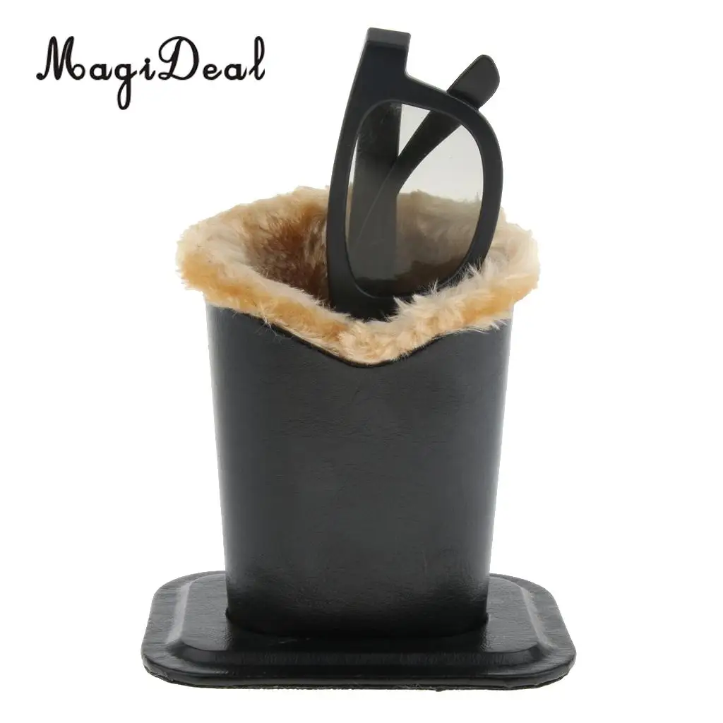 2Pcs Tan Plush Lined PU Eyeglasses Holder Stand Glasses Protective Case Pen Holder Anti-Scratch