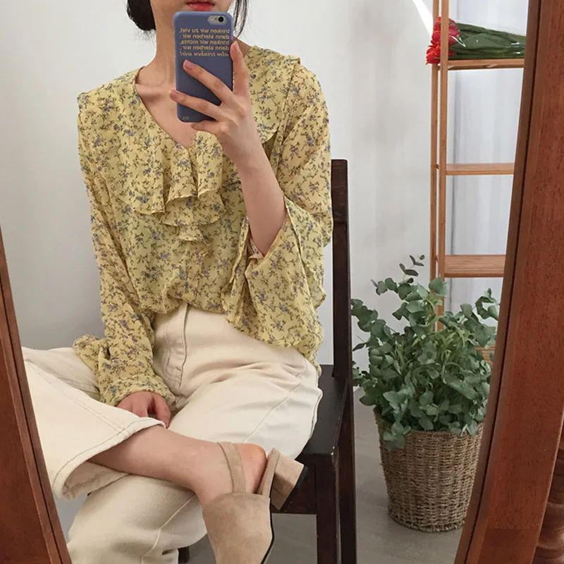 

Women Summer Chiffon Floral Blouses Ruffle Collars Blusas Shirt Flare Sleeve Loose Tops Plus Size Vintage Camisas Haut Femme