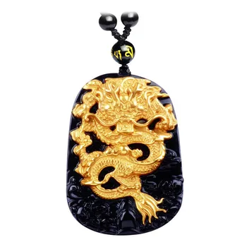 

Wholesale Gold Natural Black Obsidian Carving Dragon Lucky Amulet Pendant For Women Men pendants Jad e Jewelry