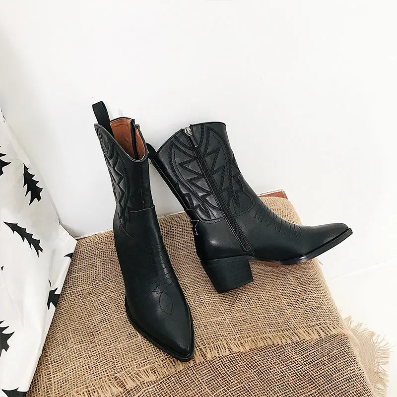 Zip Noir Chaussures Bout Automne En Cuir Chic Pointu Bottes Brodé 2019 MiVeau Hiver Design Taille Pic Chaude Femmes Talon As HW2YED9I