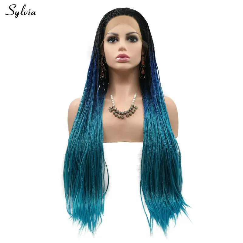

Sylvia Braids Black Rooted Ombre Dark Blue/Blue Synthetic Lace Frontal Wigs Cosplay Handmade Braided Heat Resistant for Women
