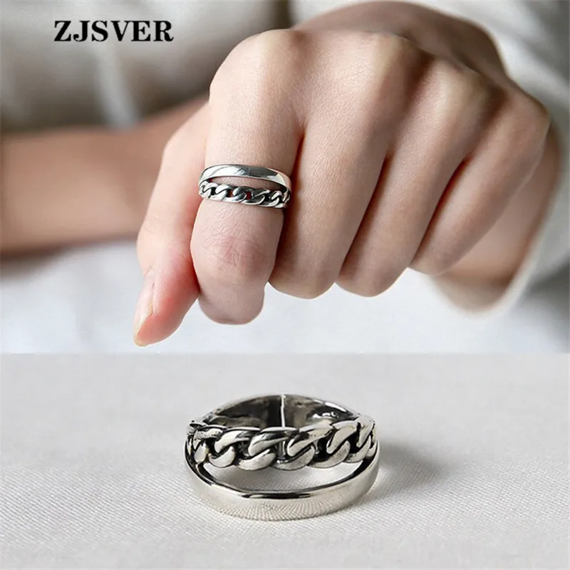 

ZJSVER Korean Jewelry 925 Sterling Silver Ring Retro Fashion Double Layer Chain Adjustable Women Ring For Festival Or Party Gift