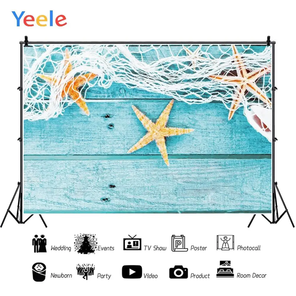 

Yeele Summer Star Fish Net Blue Wood Sea Photography Backdrops Customized Little Baby Photographic Backgrounds For Photos Studio