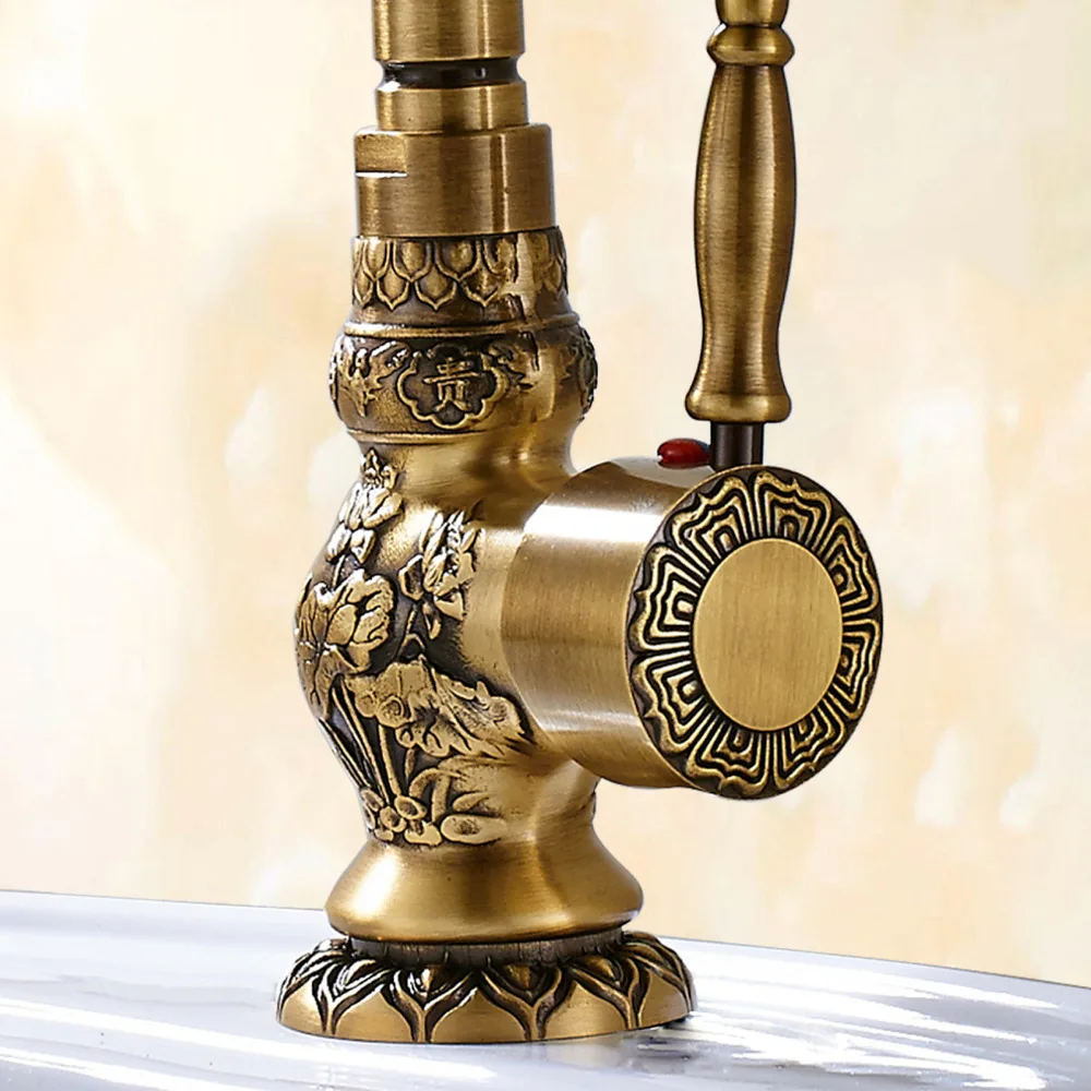 Antique Brass Deck Mount Bathroom Kitchen Faucet Single Handle 360 Rotate Basin Hot And Cold Water Tap ZD1210