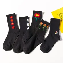 Новые хлопковые носки с цветочным рисунком для женщин Harajuku Sunflower Happy socks высокие носки с круглым вырезом повседневные Черные цветной Носок Чулочно-носочные изделия для женщин