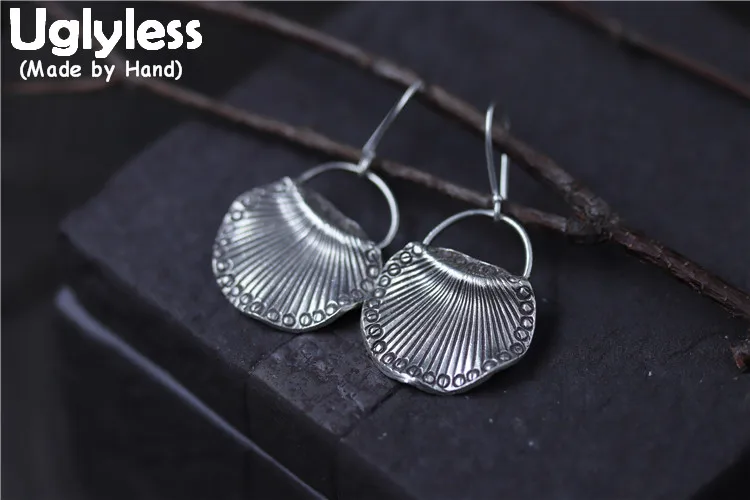 

Uglyless Real S925 Vulcanized Silver Vintage Bohemian Women Sector Dangle Earrings Ethnic Carved Fish Tail Patterns Brincos Fine