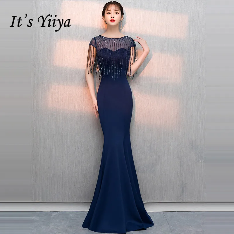 Это YiiYa вечернее платье темно-синее с кисточками модное платье с круглым вырезом на молнии без рукавов вечернее платье TR048 - Цвет: Тёмно-синий