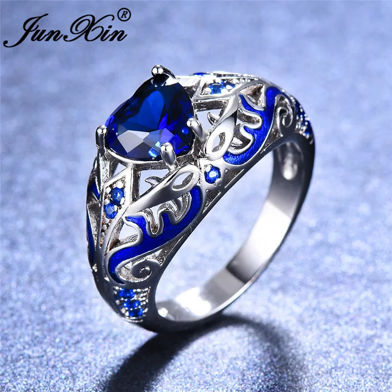 

JUNXIN Boho Blue Enamel Heart Rings For Men Women 925 Sterling Silver Filled Crystal Stone aaa Zircon Wedding Ring Male Female