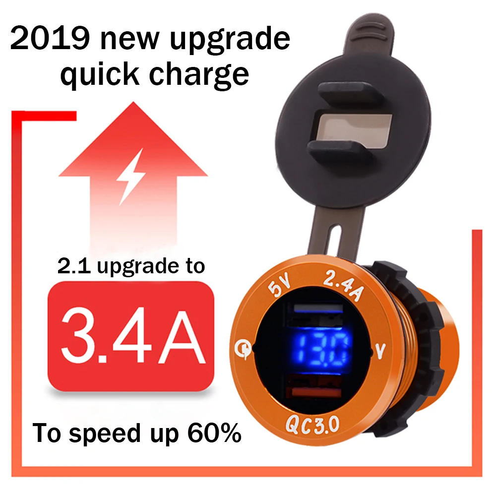 

QC 3.0Socket Car Quick fast Charger usb Dual Aluminum LED Voltmeter Indicator 5 V/ 3.4 A 2 port Charging For iPhone Android