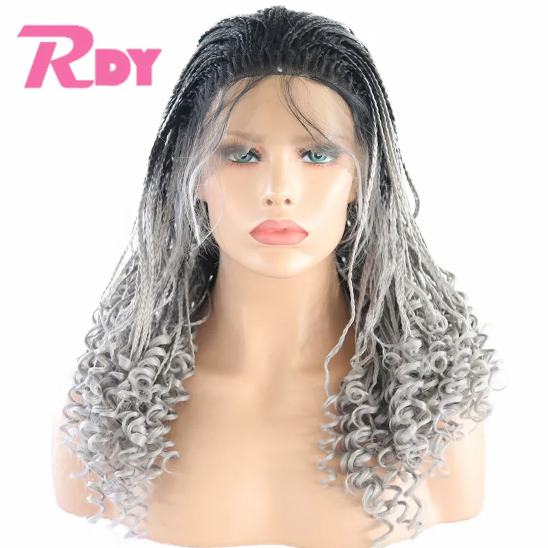 

RONGDUOYI Two Tone Color Synthetic Lace Front Braids Wigs With Baby Hair 22-26Inch Ombre Black/Gery Braided/Curl Wigs For Women