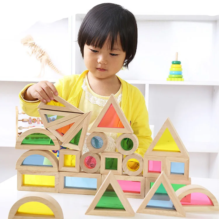 

Montessori toysWooden Rainbow Building Blocks 24PCS Toys For Children 6 Shape 4 Translucent Colours Brinquedo Oyuncak Brinquedos