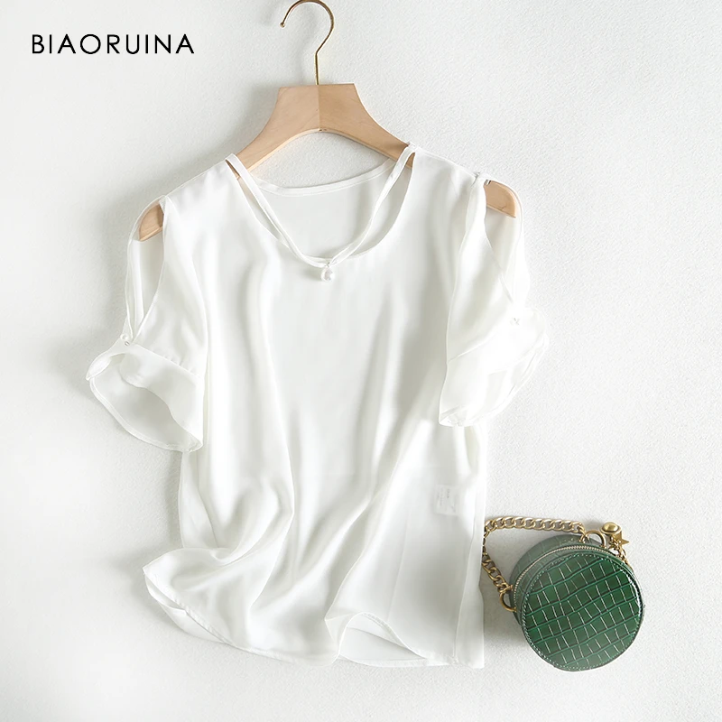 

BIAORUINA Women Chiffon Solid T-shirt Beading Decoration Short Flare Sleeve Ladies Elegant V-neck Summer Tops Girls Sweet Tops