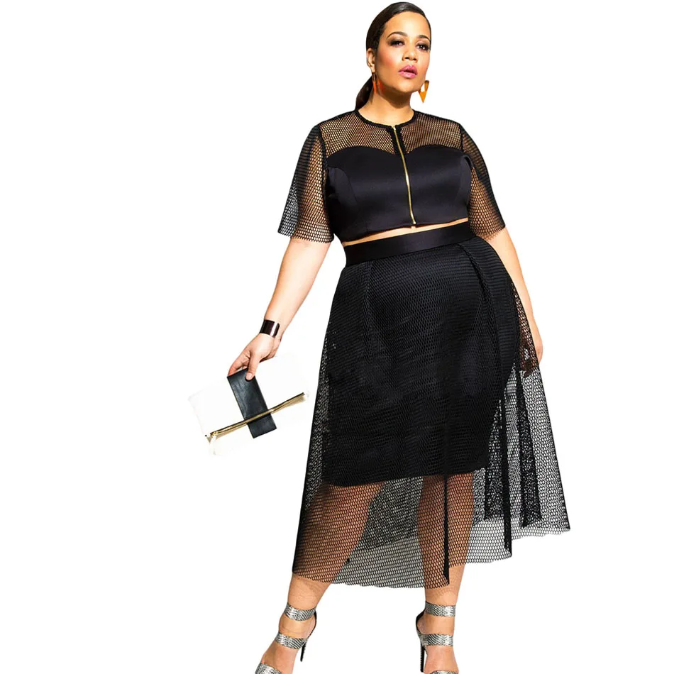 2016 Summer Black/Blue Mesh Joint Crop Top Dress Set Plus Size XXXL