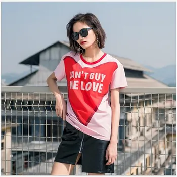 

Pink cotton tshirt explosion models Korean shirt big love fashion print round neck short sleeve summer new t-shirt women