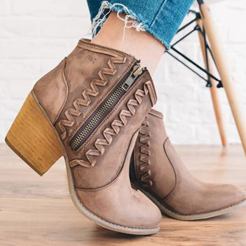 

MoneRffi New 2019 Retro Women Boots Vintage Block Heel Ankle Boots Side Zipper High Heels Women Shoes Big Sizes 35-43