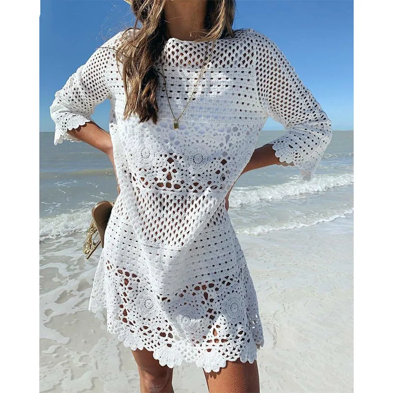 

2019 Crochet Knitted Beach Cover Up Dresses Pareo de Plage Swimsuit cover Up Beach Wear Mujer Bikini Cover Up