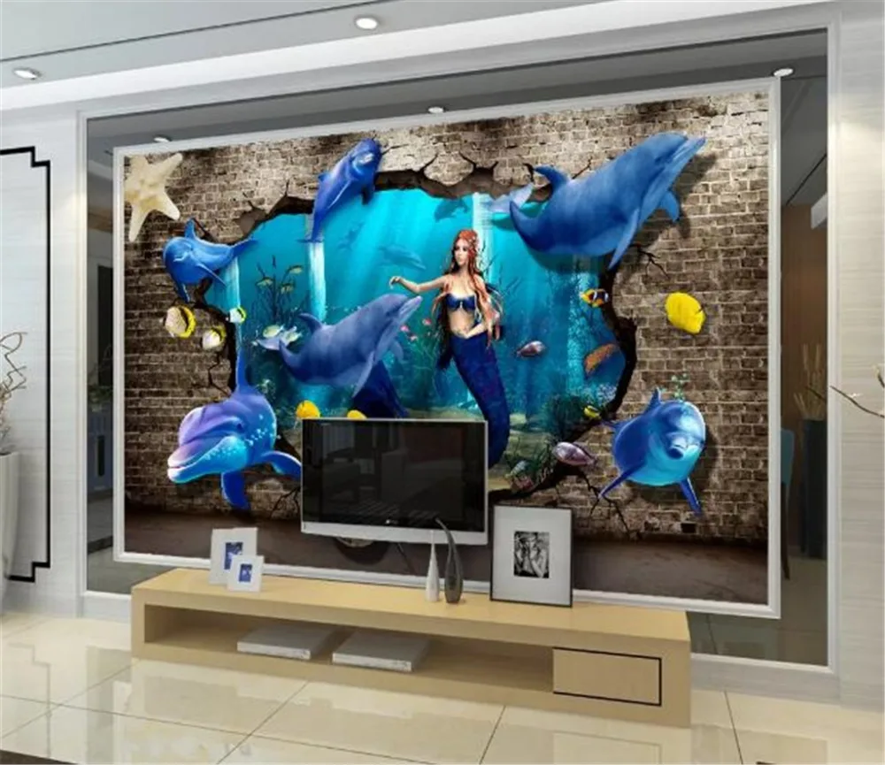 Custom Any Size 3d Wallpape Underwater World Dolphin Turtle Mermaid 3D Through the Wall TV Background Decoration Wallpaper | Обустройство